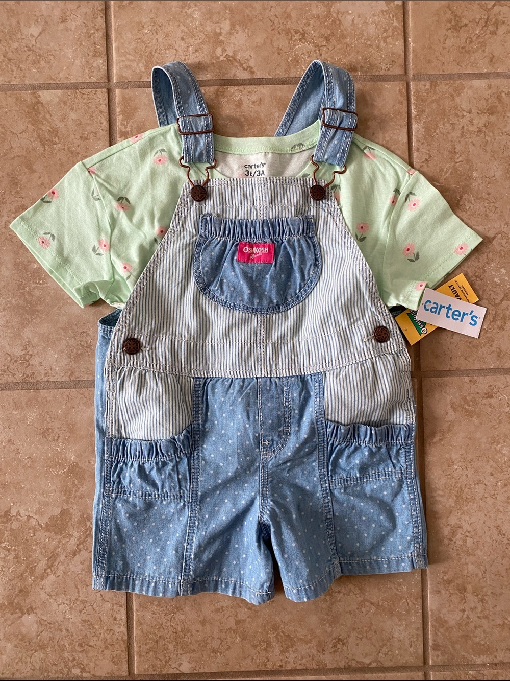 NWT Carter's 3T Floral Tee with Pinstripe & Polka Dot Denim Oshkosh Overalls